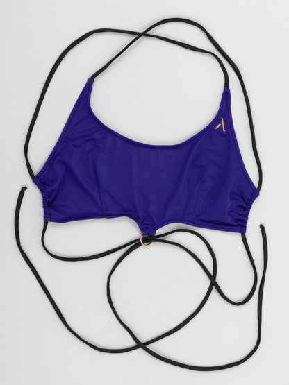 Top multifunzionale blu con laccetti neri e logo dorato, perfetto sia come top da pole dance che come bikini da spiaggia o per il fitness.