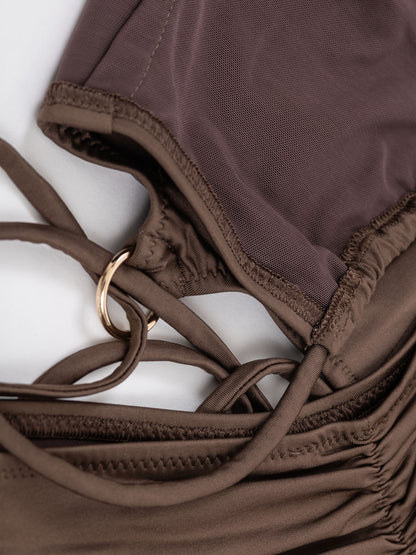 Top da pole dance marrone con laccetti, stile swimwear