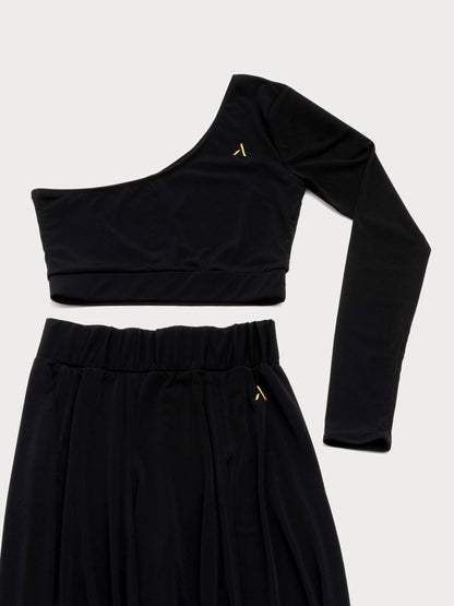 Set da pole dance, top monospalla e pantaloni culotte in jersey color nero