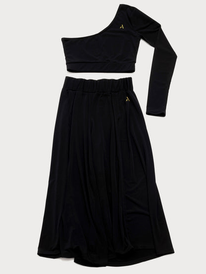 Set da pole dance, top monospalla e pantaloni culotte in jersey color nero